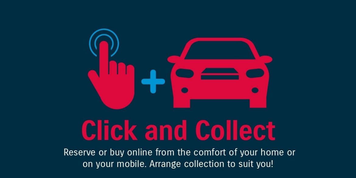 Click and Collect service graphic featuring a pointing hand icon and car silhouette, promoting online vehicle reservations with convenient dealership collection.