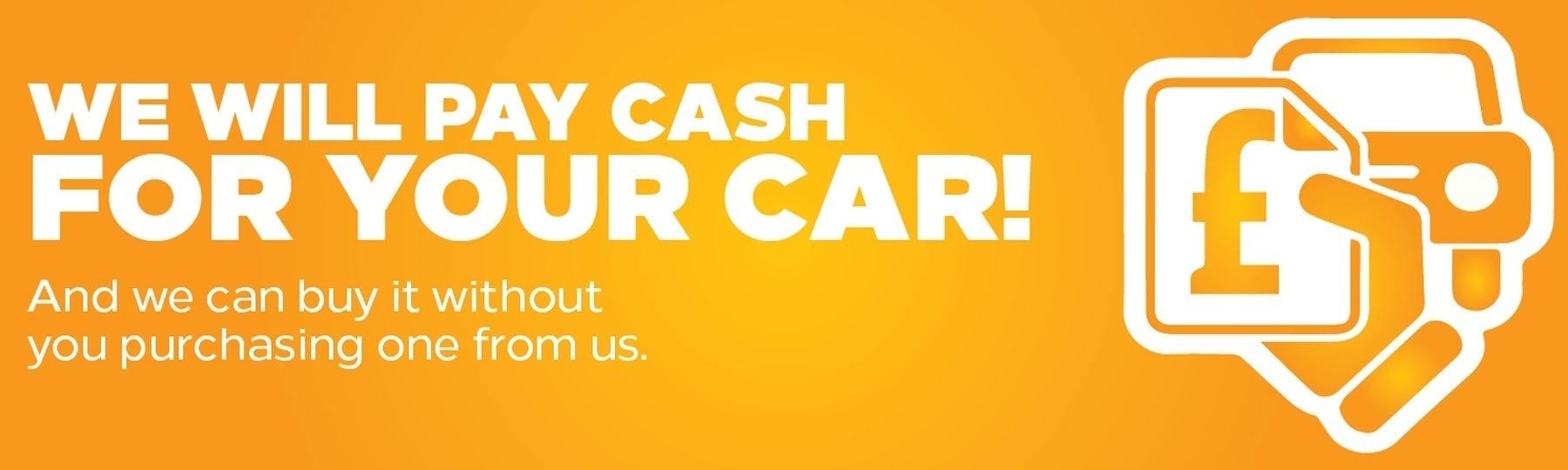Vibrant orange promotional banner advertising cash car buying service, featuring stylised car icon with pound sterling symbol and bold white text