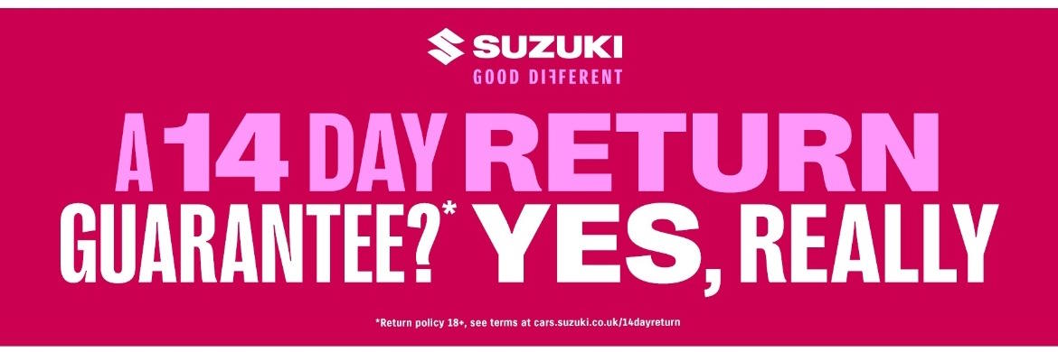 Suzuki promotional banner highlighting the 14-day return guarantee offer, featuring bold white and pink typography on a vibrant magenta background with the Suzuki logo.