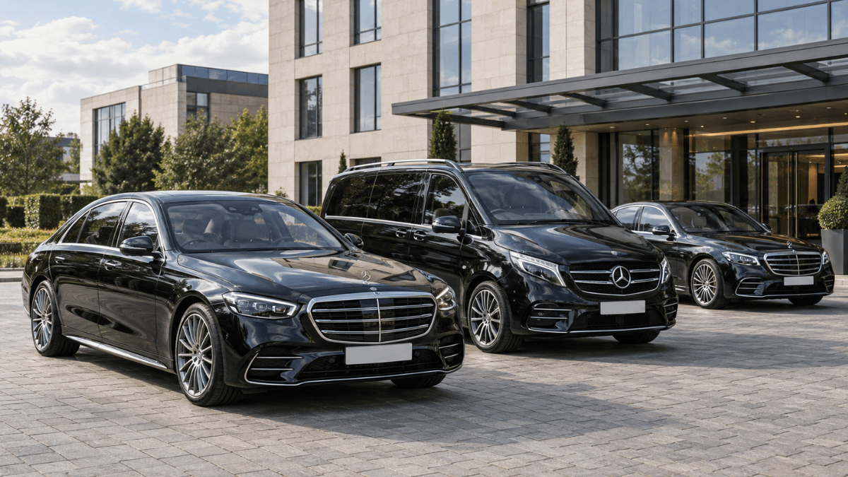 Three black Mercedes-Benz chauffeur vehicles, including two S-Class saloons and a V-Class, parked outside a modern business hotel in daylight