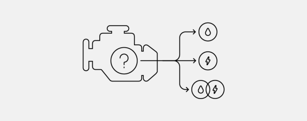 Outline icon of engine showing electric, petrol and hybrid possibilities