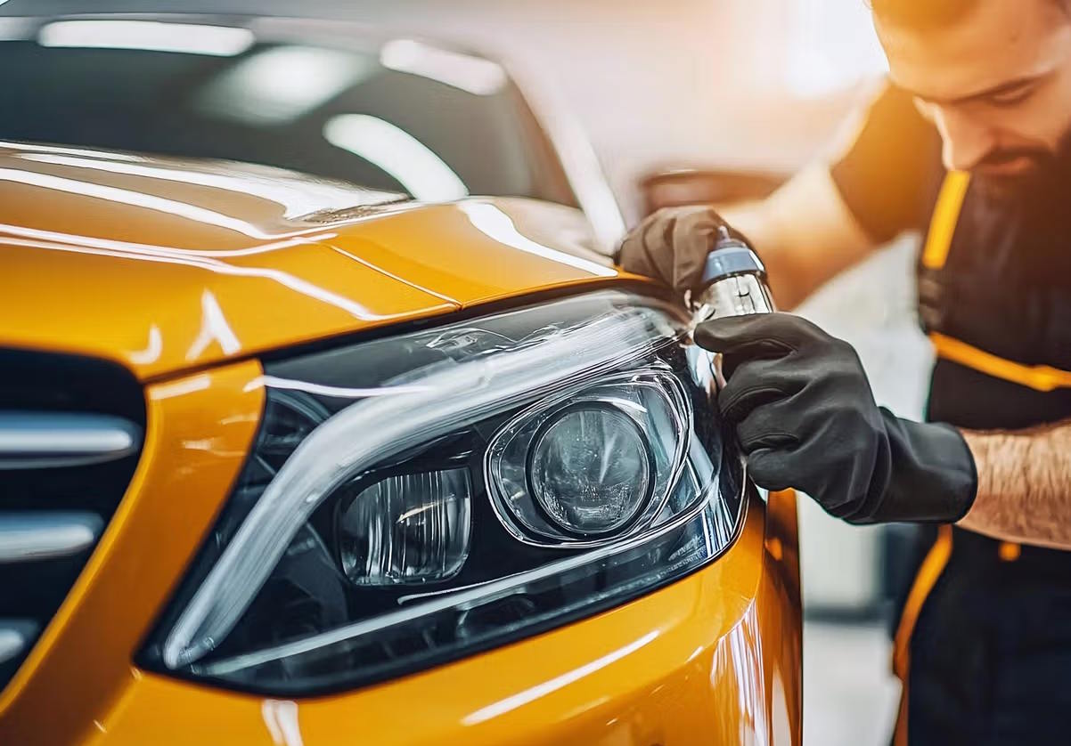 Technician polishing the headlight of an orange car.