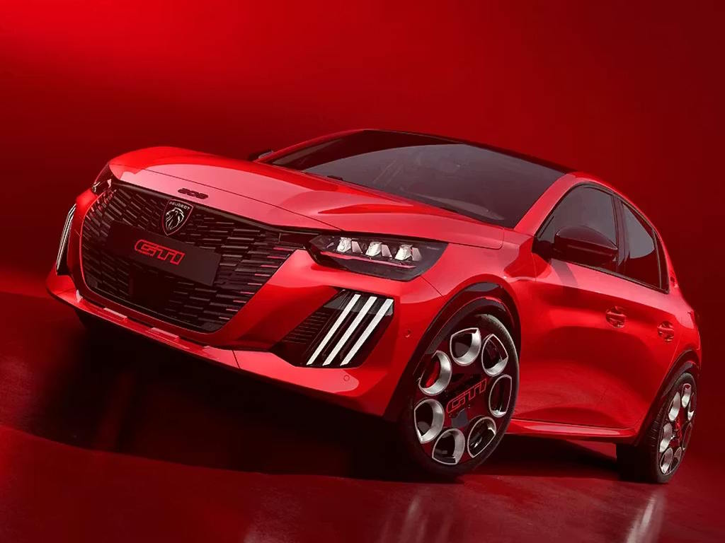 Peugeot E-208 GTi in red, shown in a front three-quarter view highlighting its sporty body styling, GTi-specific alloy wheels and signature LED lighting.