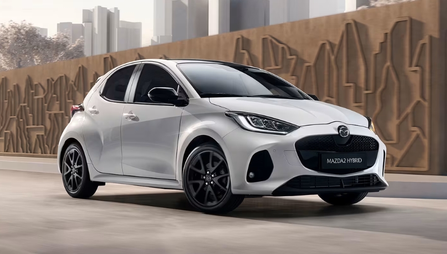 Mazda2 Hybrid in white exterior front side view