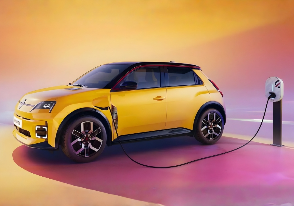 Yellow Renault 5 E-Tech electric hatchback charging at a wall-mounted charging point.
