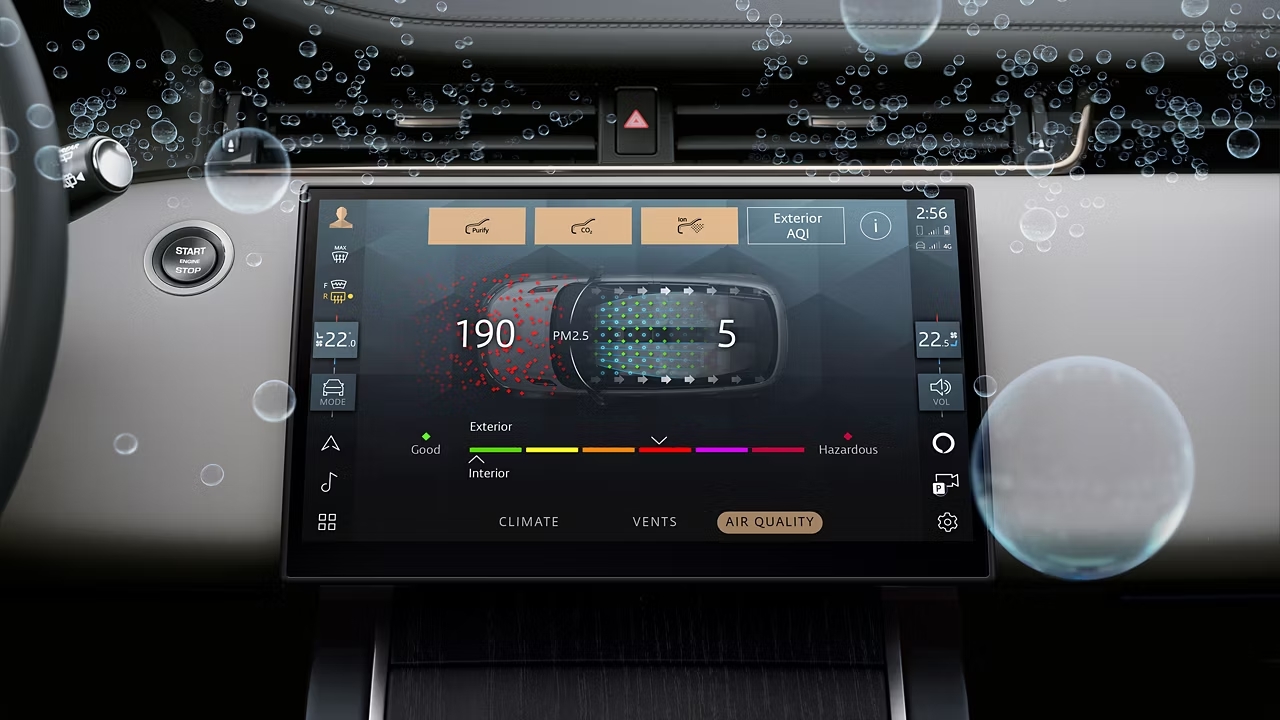Range Rover Evoque touchscreen displaying interior air quality monitoring and climate control interface.