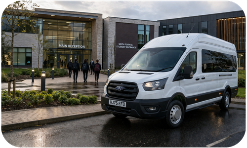 Ford transit minibus outside a college