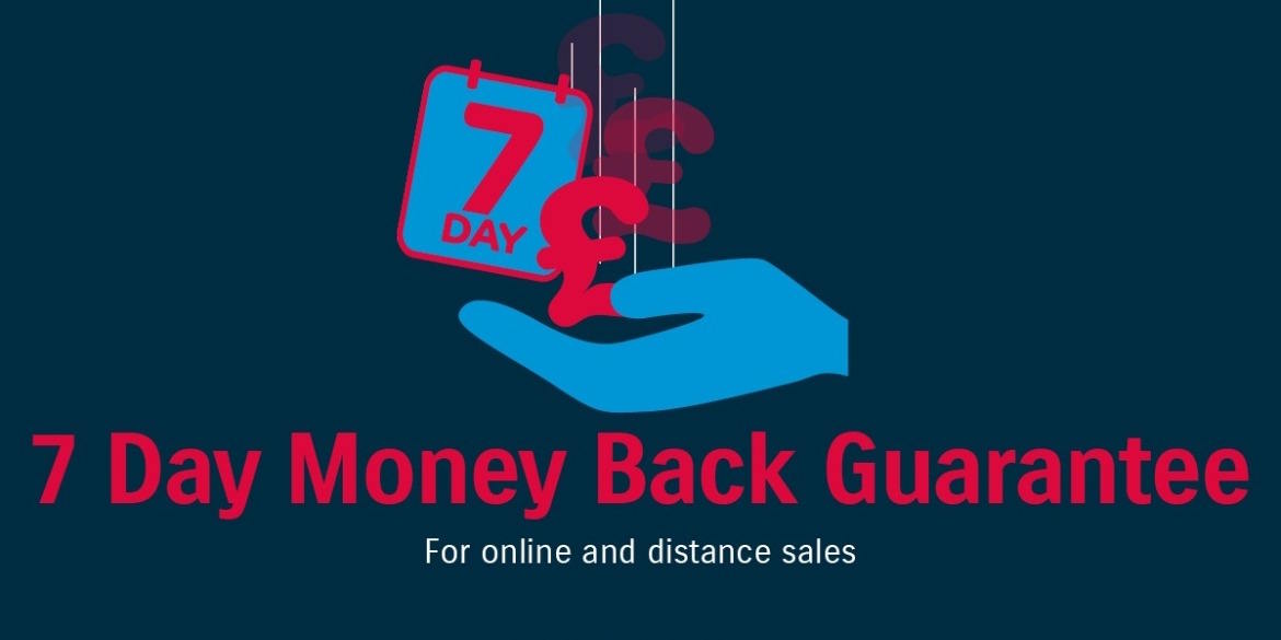 Promotional graphic illustrating the 7 Day Money Back Guarantee for online and distance vehicle sales, featuring a hand icon receiving pound symbols and calendar motif