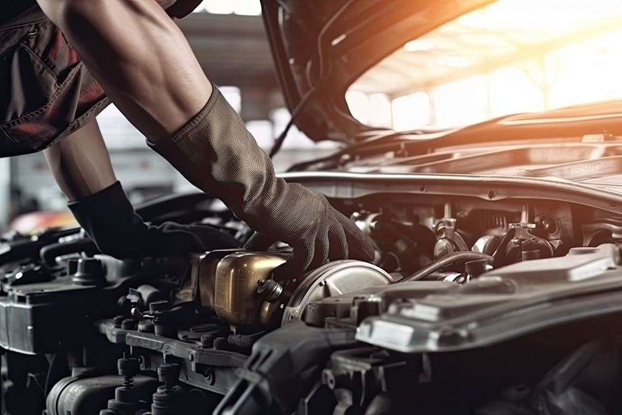Mechanic inspecting and working on a car engine with the bonnet open in a workshop.