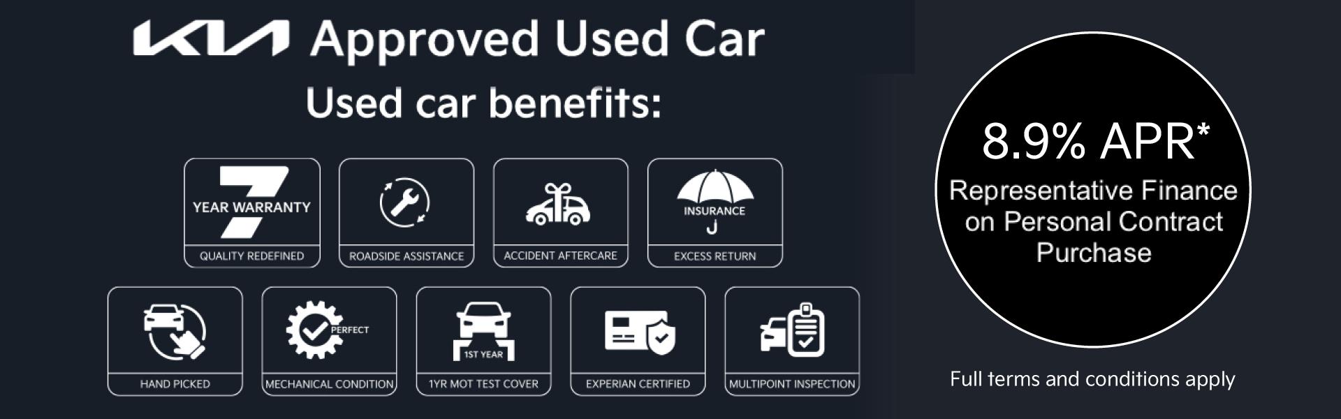 Kia Approved Used: 7 year warranty, roadside assistance, accident aftercase, Insurance excess return, hand picked, perfect mechanical condition, 1st yeat MOT cover, Experian certified, multipoint inspection. 7.9% APR Representative Finance on PCP. Full T&Cs apply.