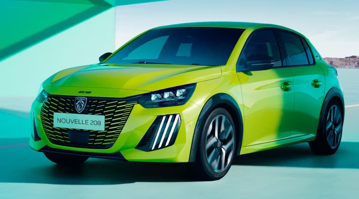Lime green Peugeot 208 hatchback in a studio setting with striking lighting and design details.
