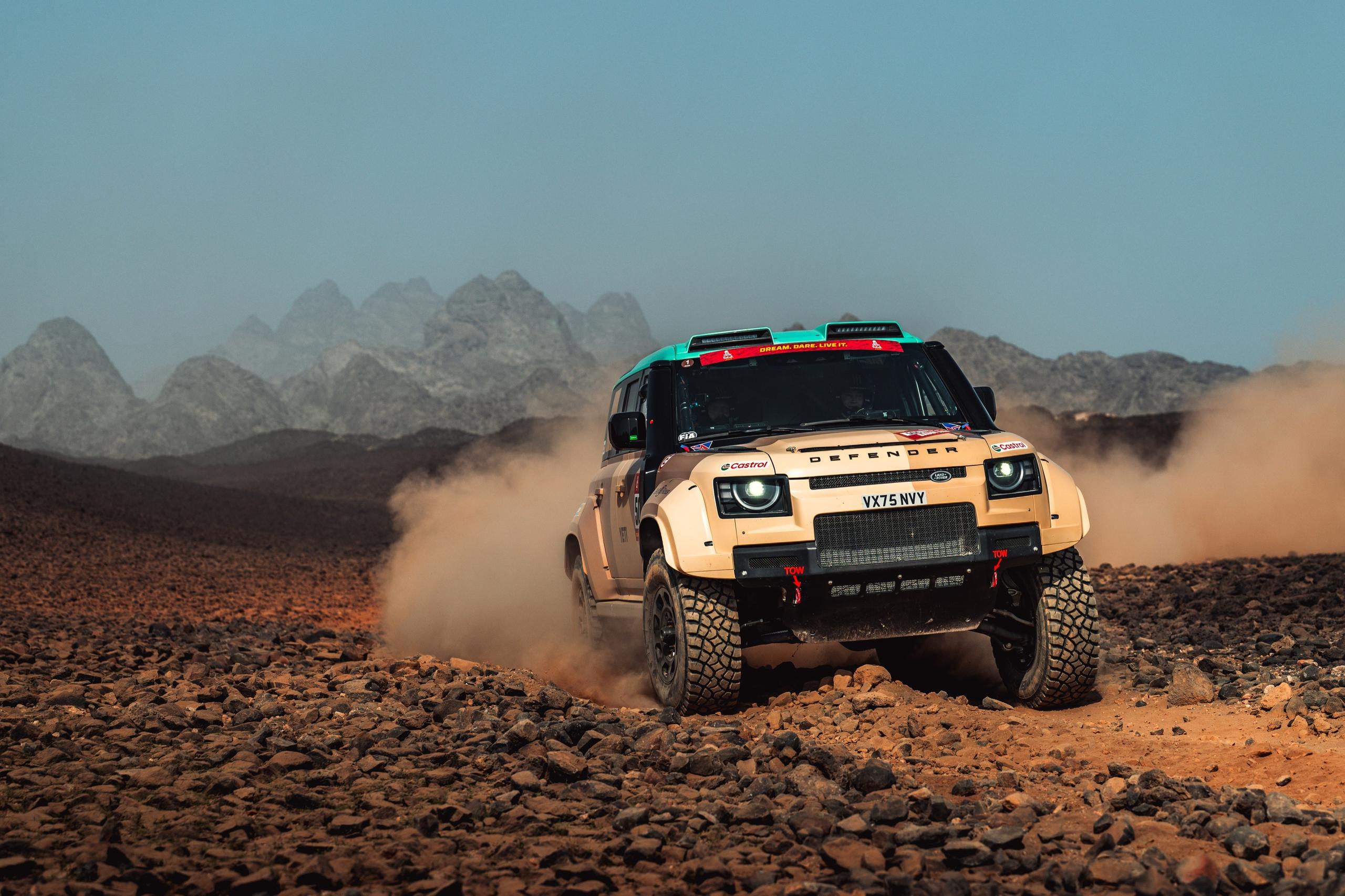 Land Rover Defender front view at the rally