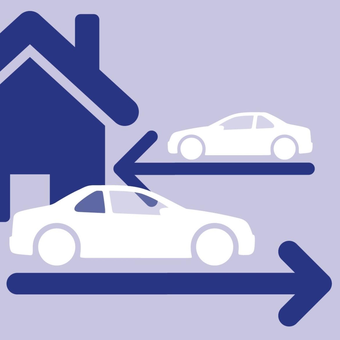 Illustrated graphic depicting home test drive service, featuring two white car silhouettes with directional arrow pointing towards a house icon on a lilac background.