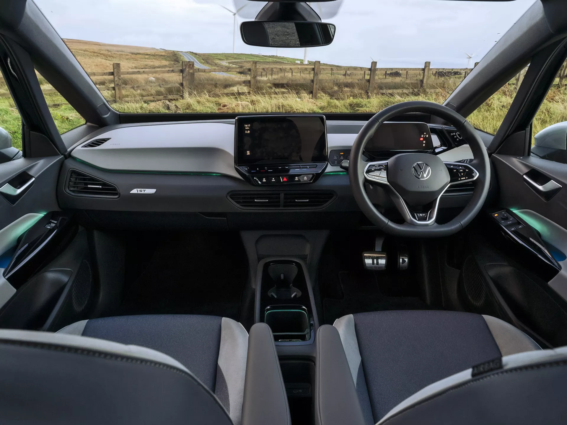 Volkswagen ID3 Black interior, infotainment system, steering wheel and glove box view