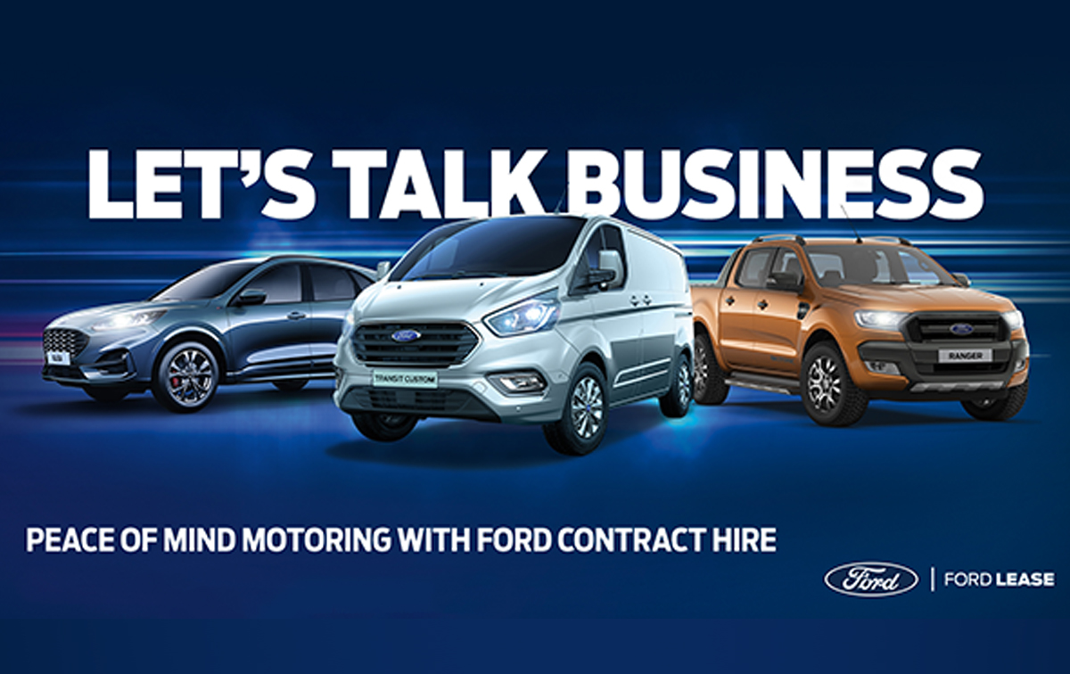 Ford commercial vehicles with Ford Contract Hire. The banner shows three Ford Commercial vehicles and reads "Let's talk business. Peace of mind motoring with Ford Contract Hire"