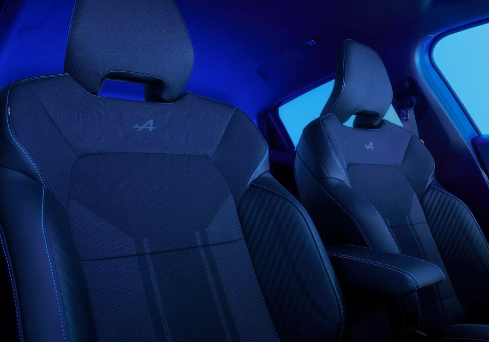 Renault Clio front seats with sport-style upholstery and Alpine branding.