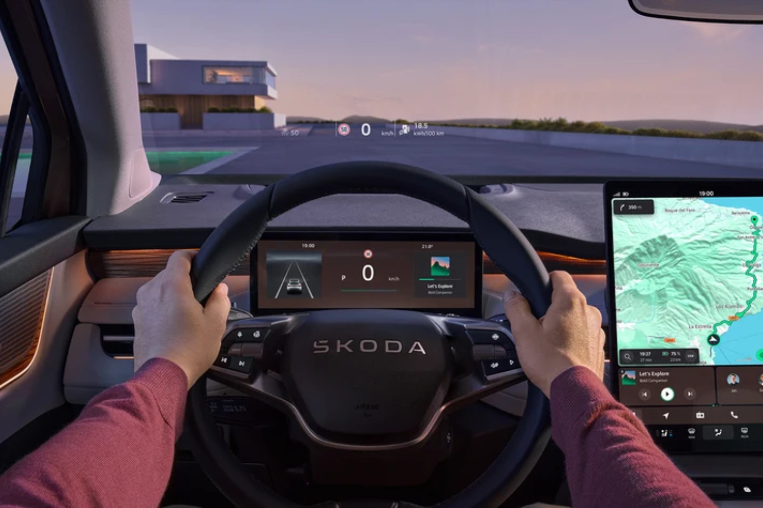drivers seat view in the new, All-electric Skoda Peaq