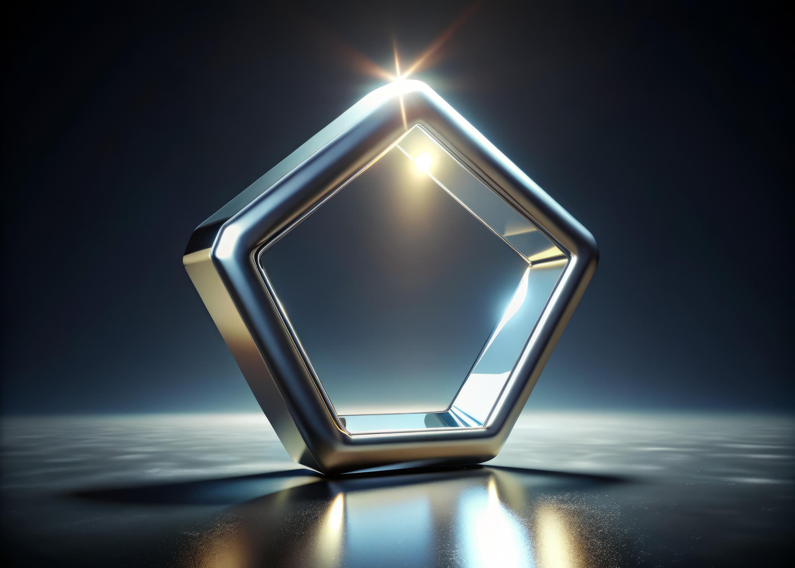 Stock photo of a metallic, reflective pentagon shape.
