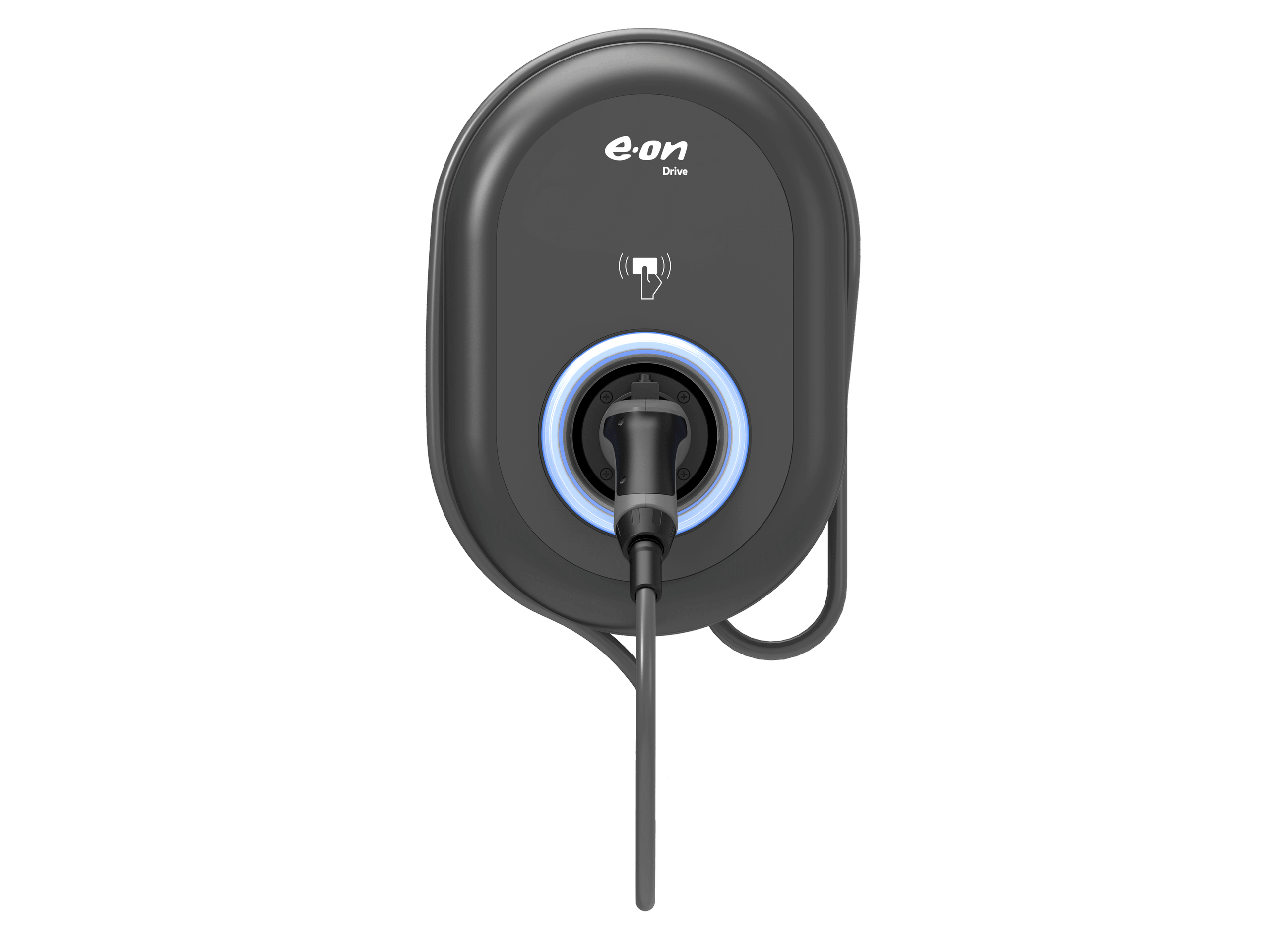 Wall-mounted E.ON Drive electric vehicle charging unit with a plugged-in charging cable and illuminated ring indicator.