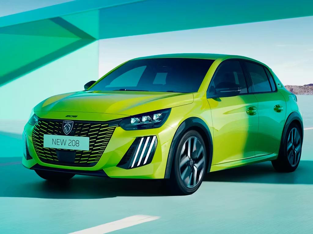 New Peugeot 208 hatchback in vibrant lime green featuring a bold front grille and signature LED lighting.