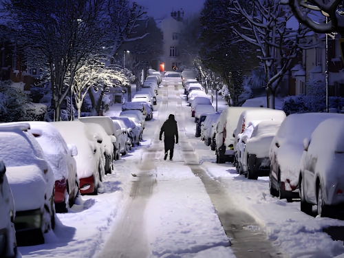 Snow-covered residential street lined with parked vehicles during winter.