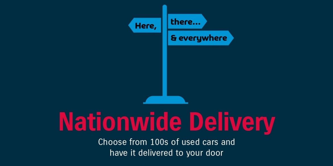 Nationwide delivery promotional graphic featuring a directional signpost with 'Here, there & everywhere' text, advertising home delivery for used cars