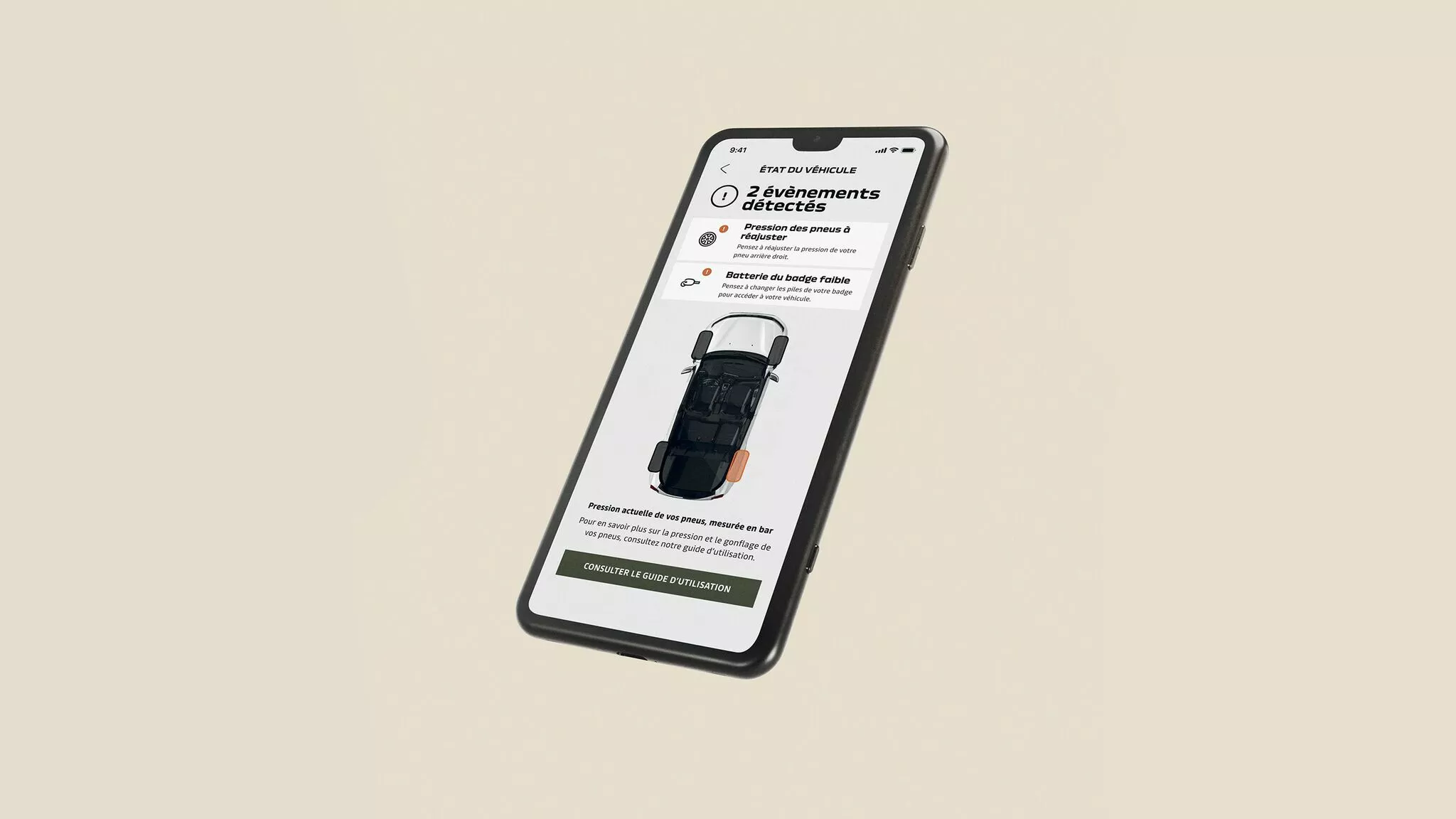 Dacia Spring connected app displayed on a smartphone screen, showing vehicle status and alerts interface.