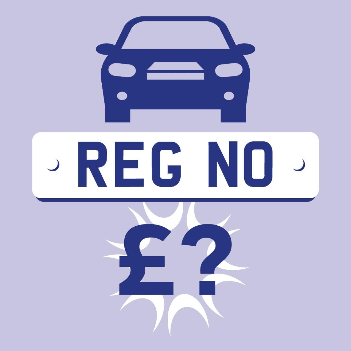 Car valuation graphic featuring a navy blue vehicle silhouette above a registration number plate, with a pound sign and question mark symbolising vehicle worth enquiry