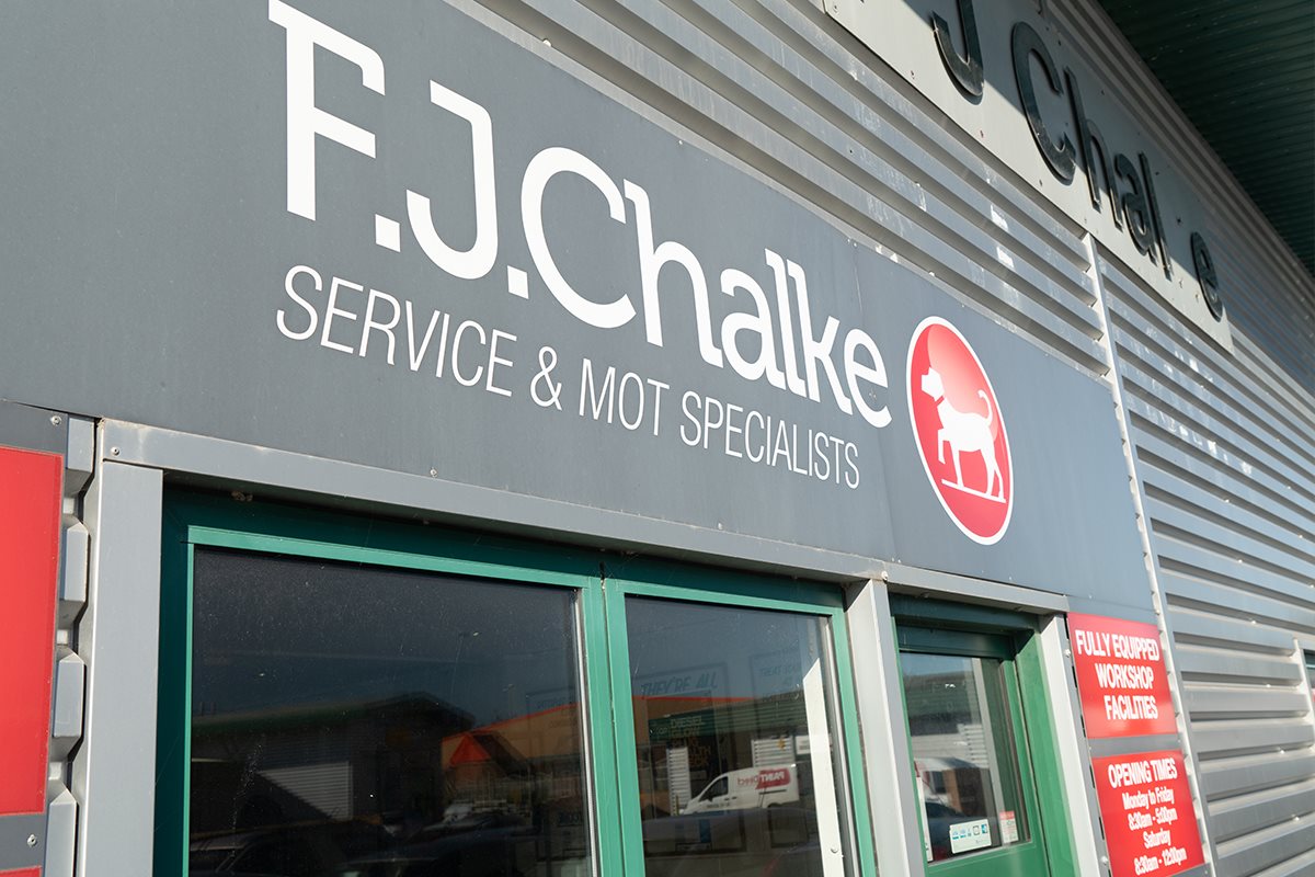 Close up of FJ Chalke dealership sign