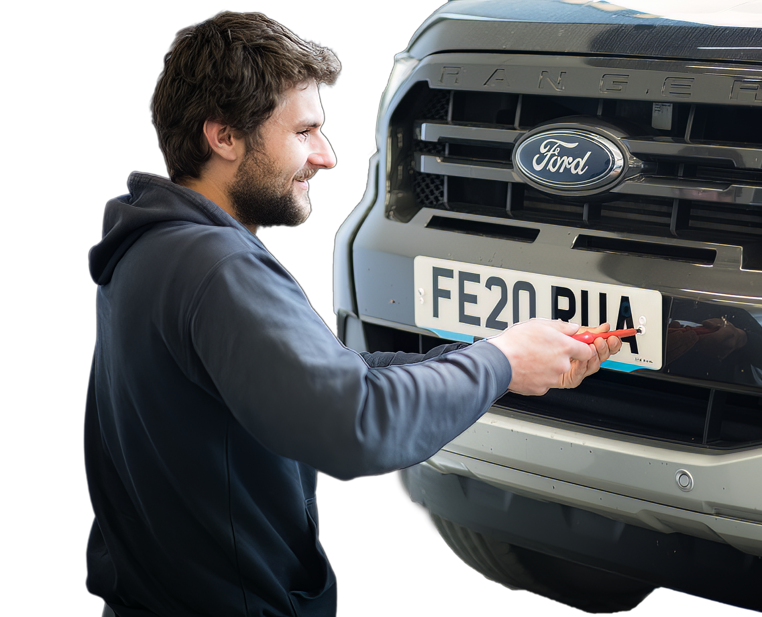 Car registration being attached 
