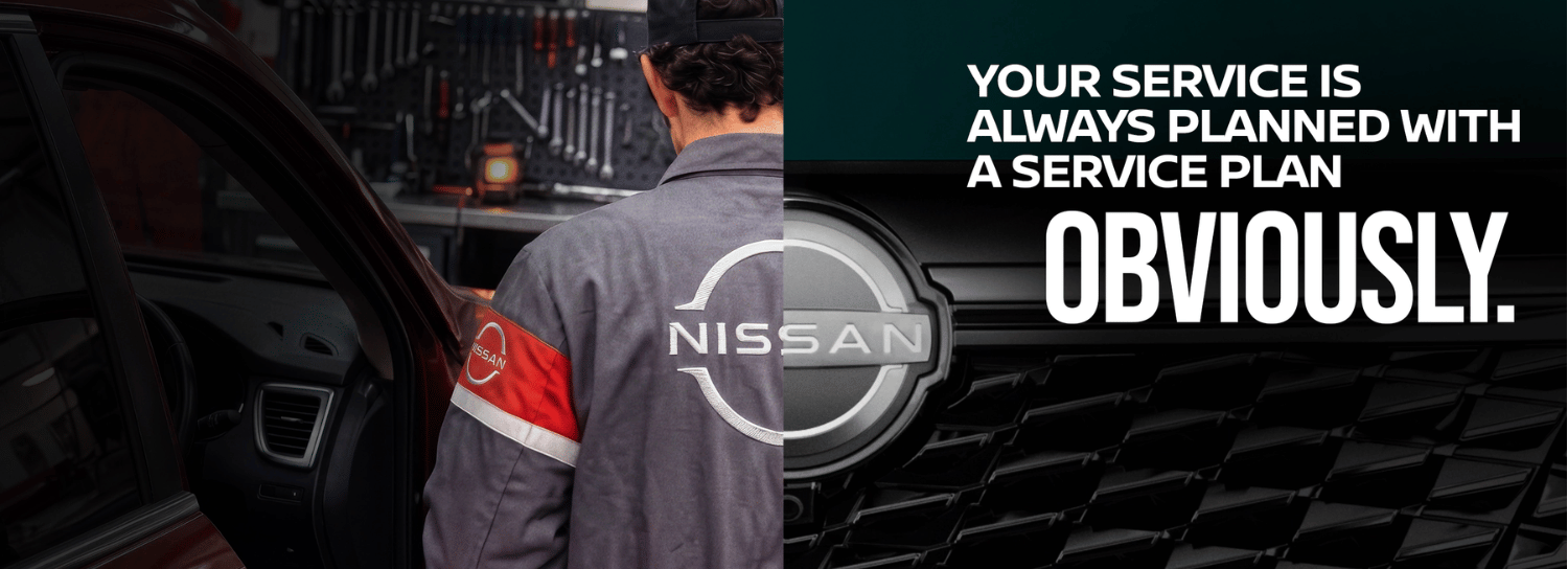 Image split in half with man in nissan outfit on left and Nissan bage on the right