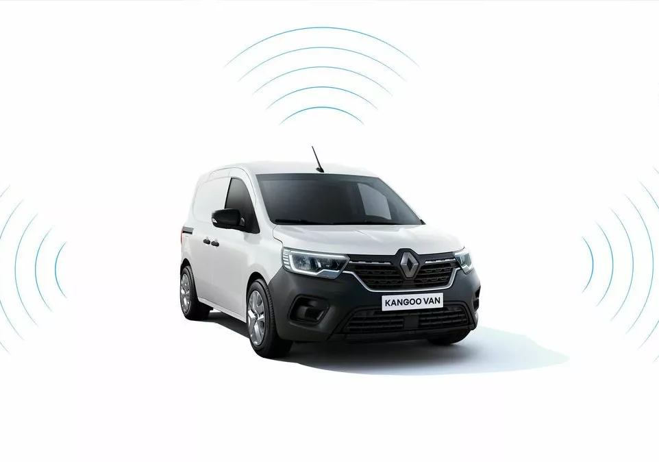 White Renault Kangoo van on a white background with blue concentric circular lines above and beside it, illustrating sensor or connectivity range.
