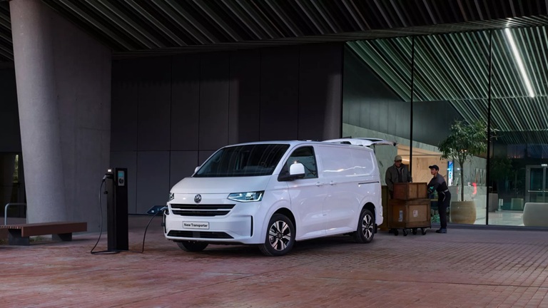 White Volkswagen E-Transporter Charging
