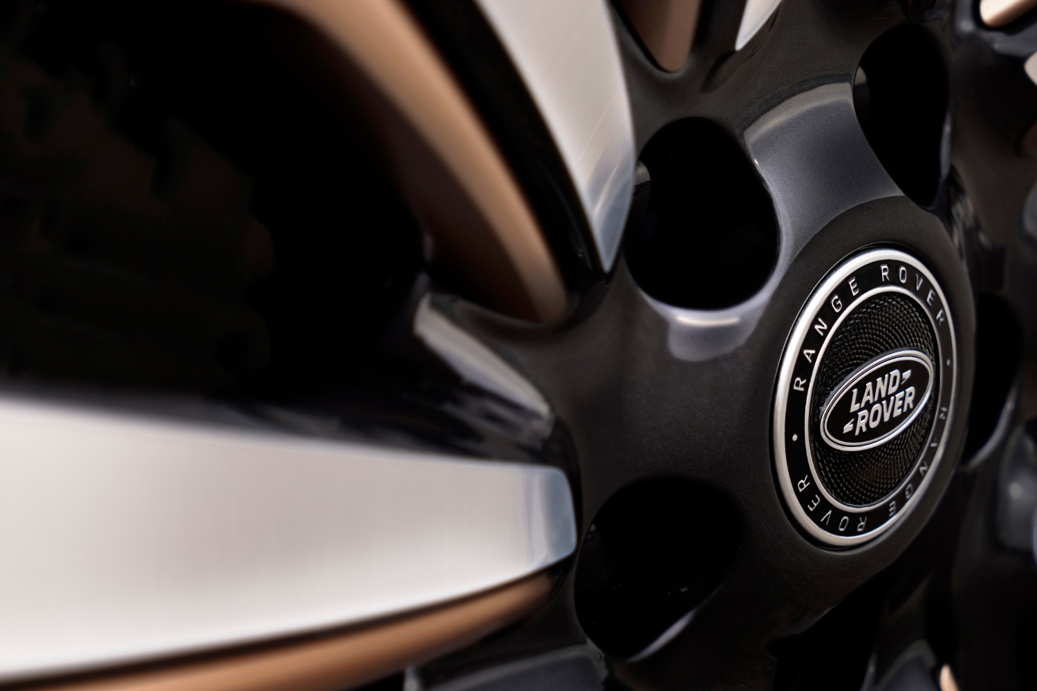 Close-up of Range Rover alloy wheel centre cap with Land Rover badge.
