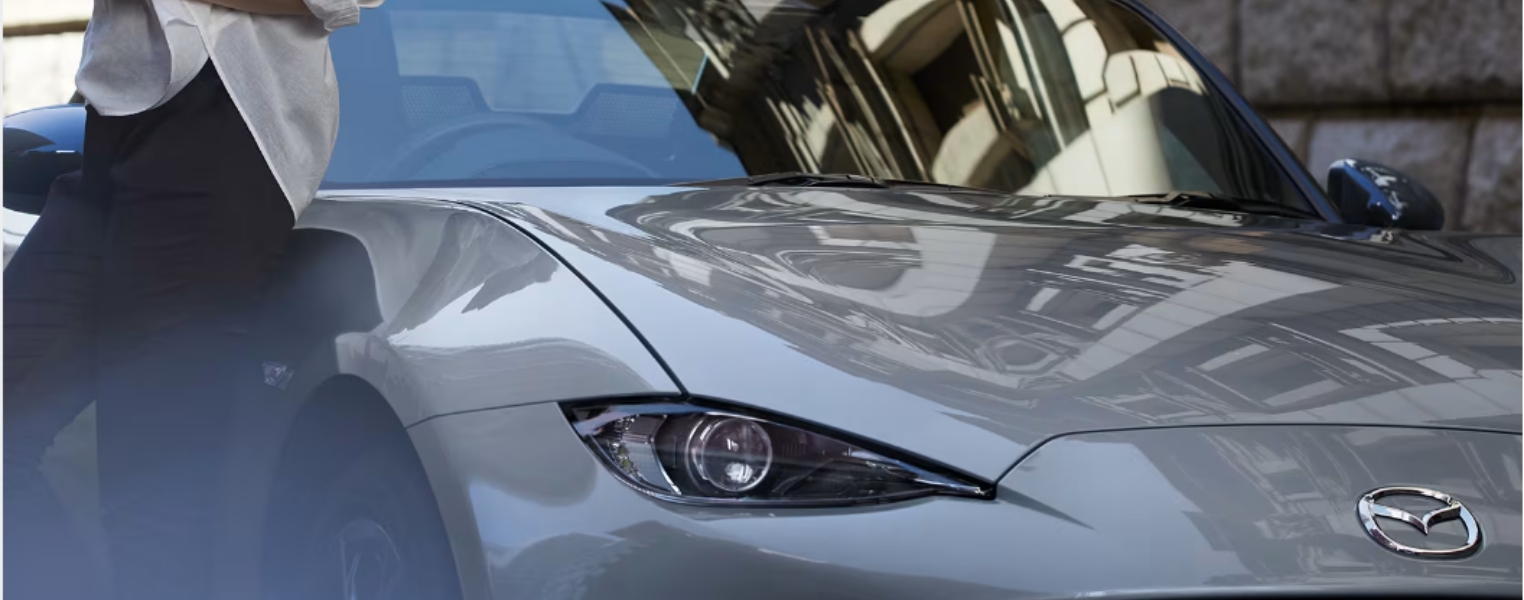 Close-up of Mazda MX 5 In Grey Exterior Front View.