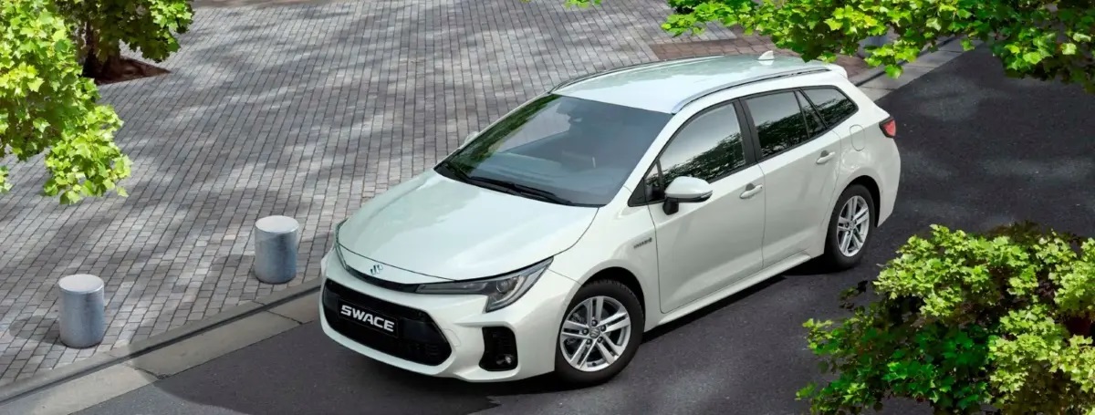 White Suzuki Swace parked under trees view from above
