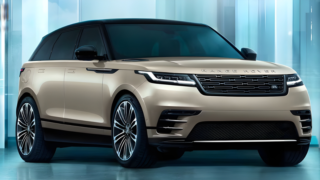 Front three-quarter view of bronze Range Rover Velar.