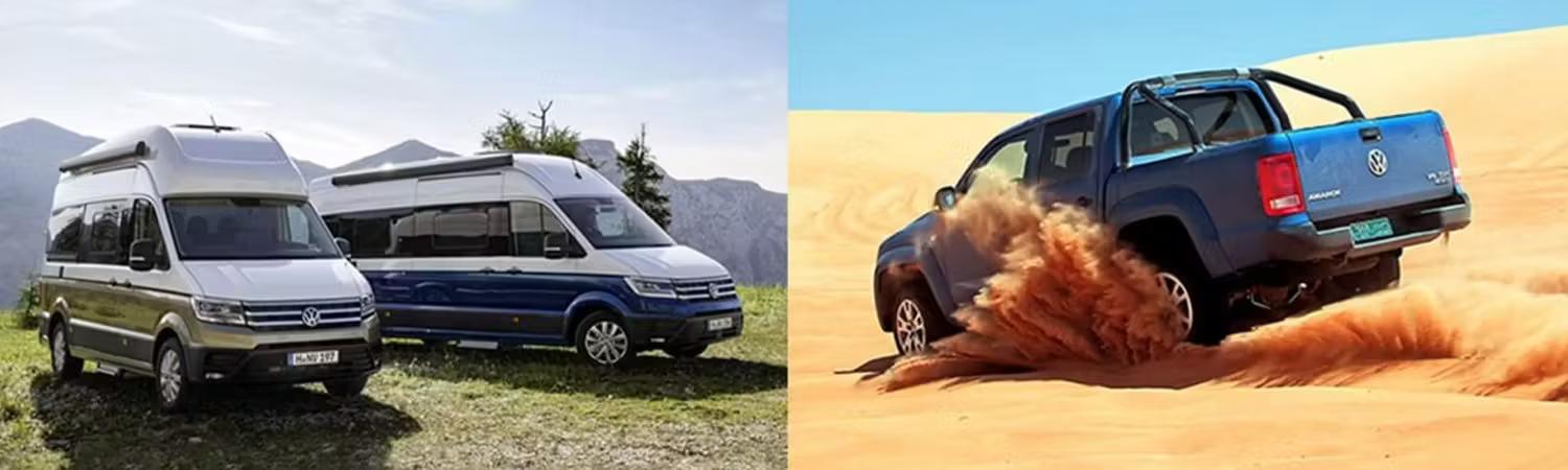 Volkswagen Vans side by side and Volkswagen Pick Up Driving Sand