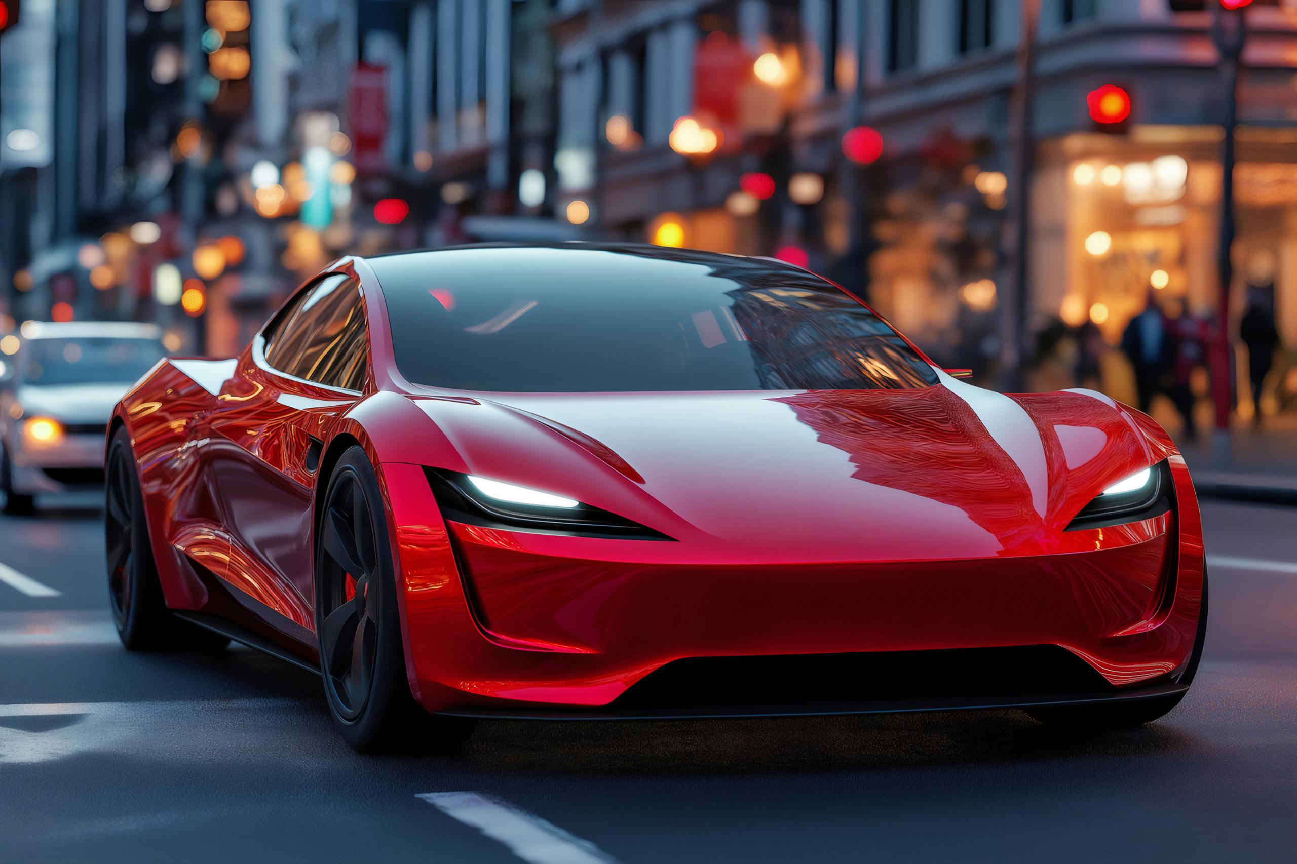 Glossy red sports car driving through an urban street.