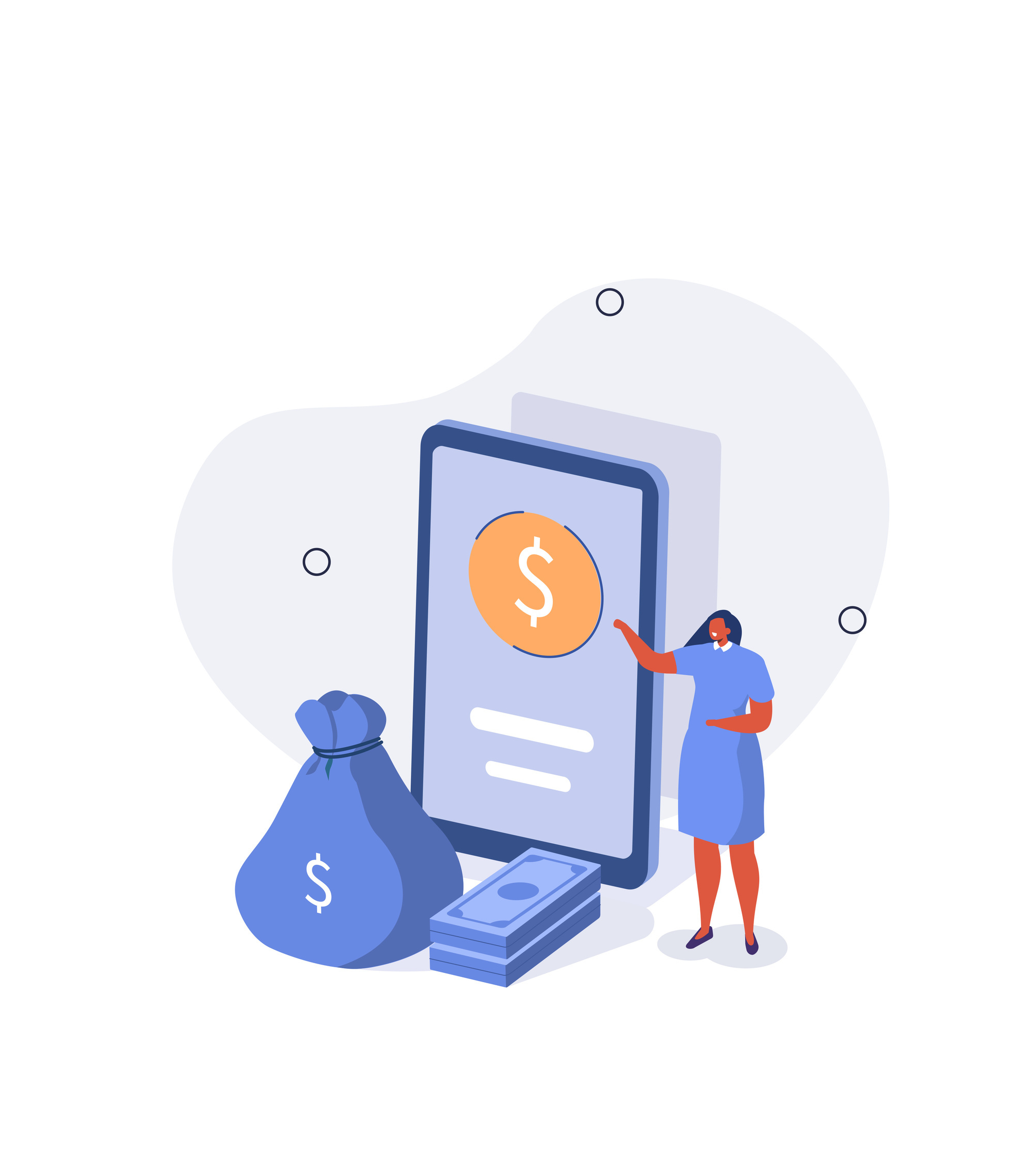 Illustration of a woman standing next to a money bag with some paper notes and a tablet.