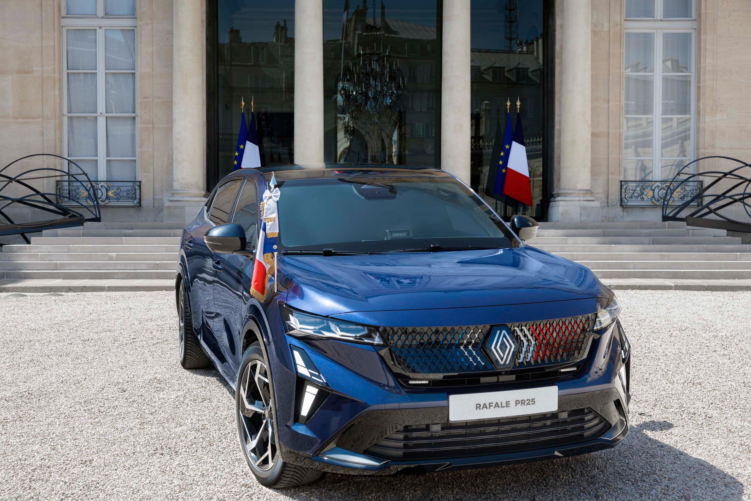 Blue car with french flags built specially for the French president. 