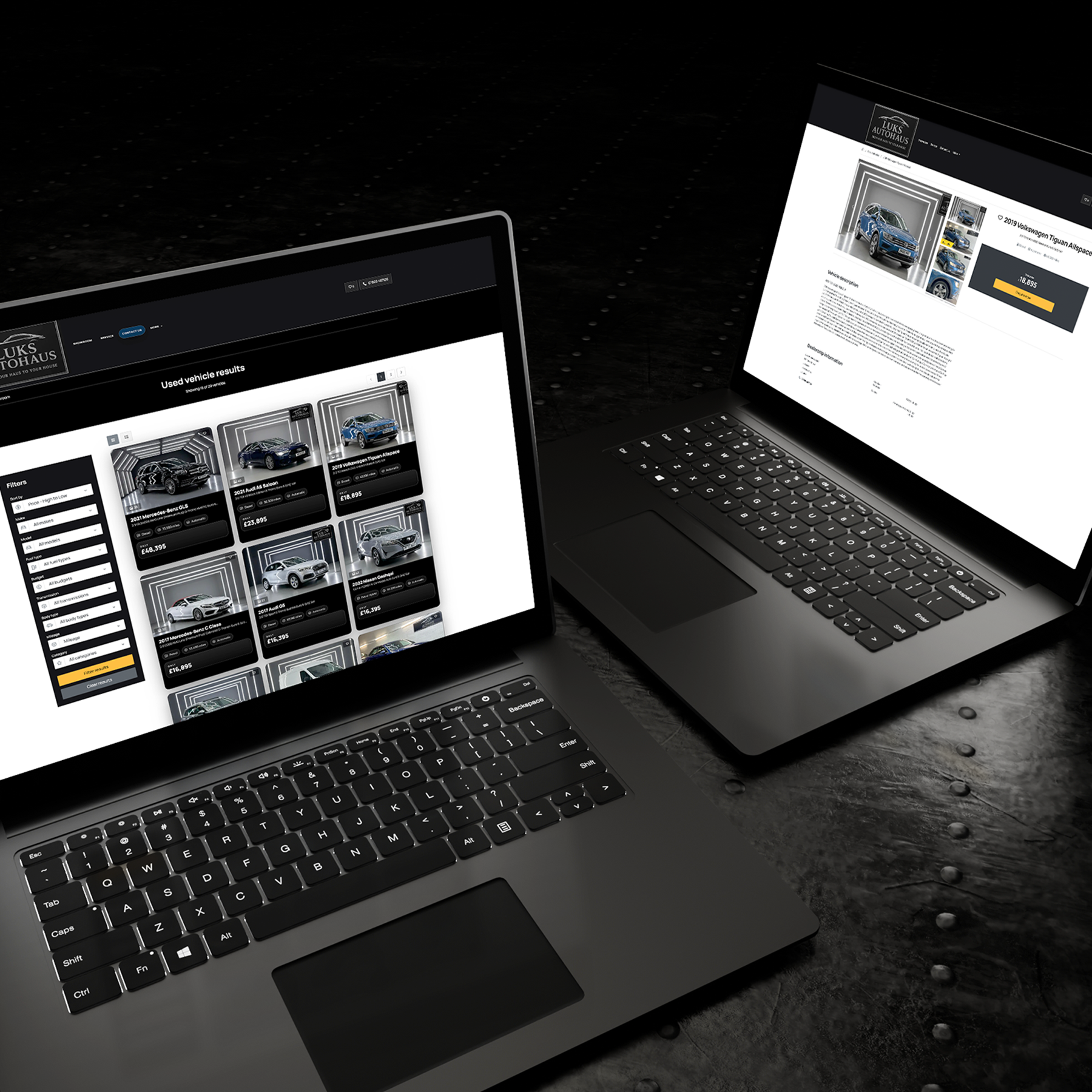 Premium car dealer website shown across laptops