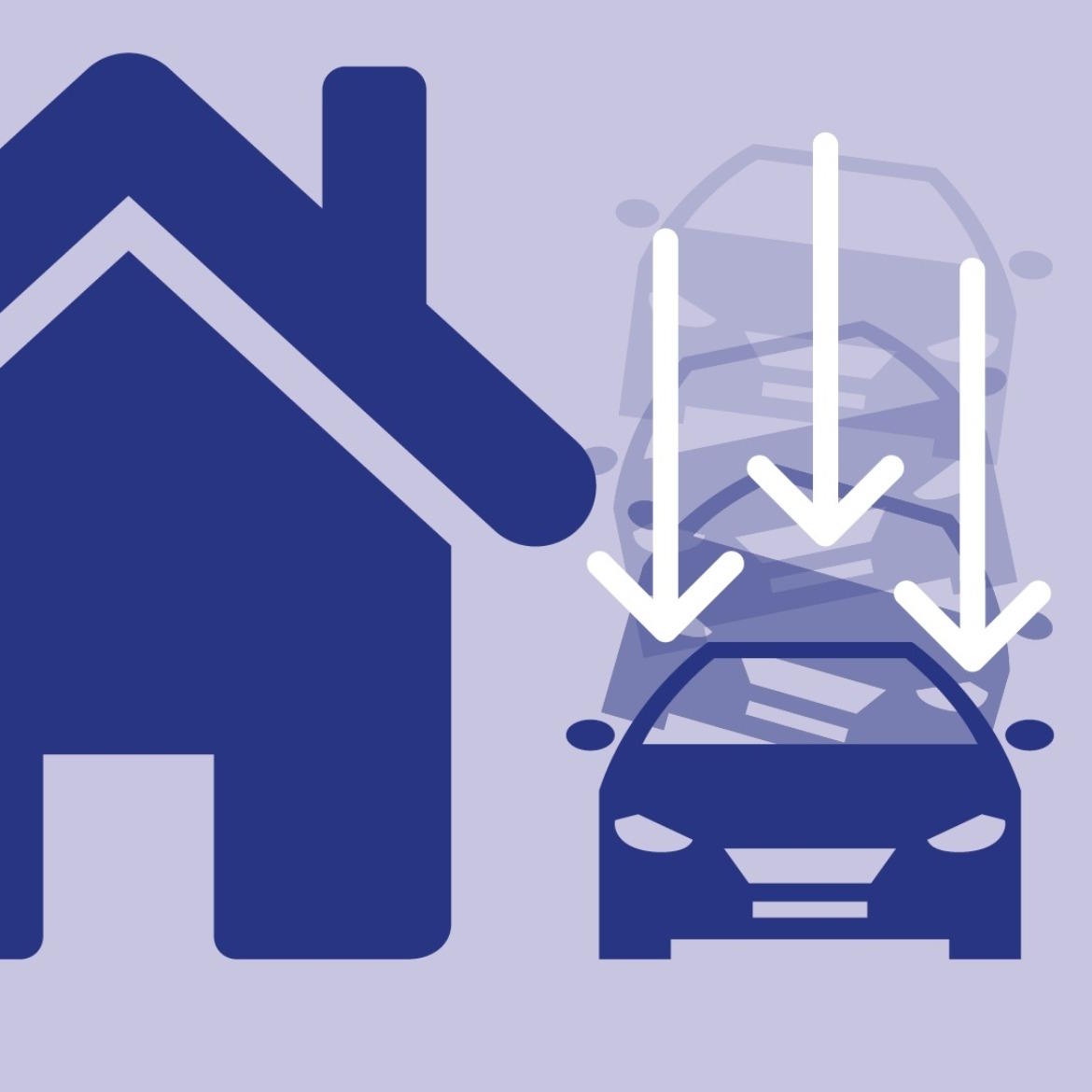 Illustrated graphic depicting home delivery service concept with a house icon, car silhouette and downward arrows indicating vehicle delivery to your door.