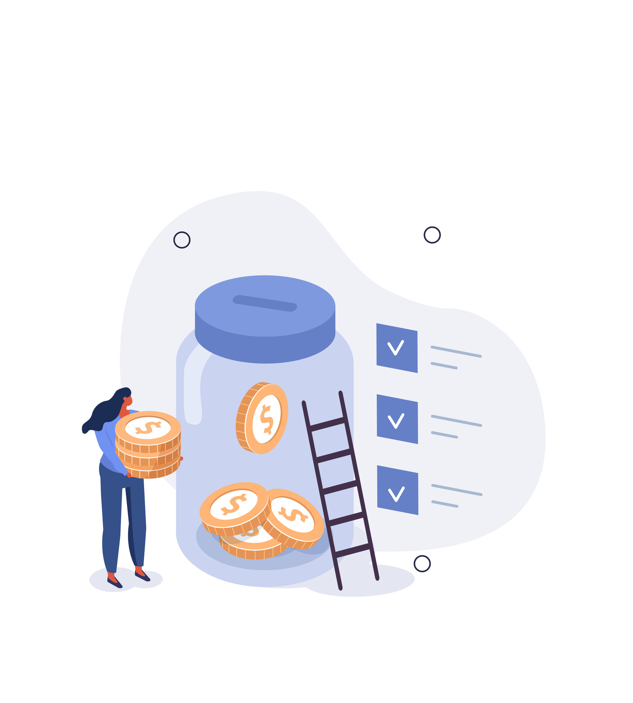 Illustration of woman holding large coins, standing next to a jar with a ladder and checklist at the side.