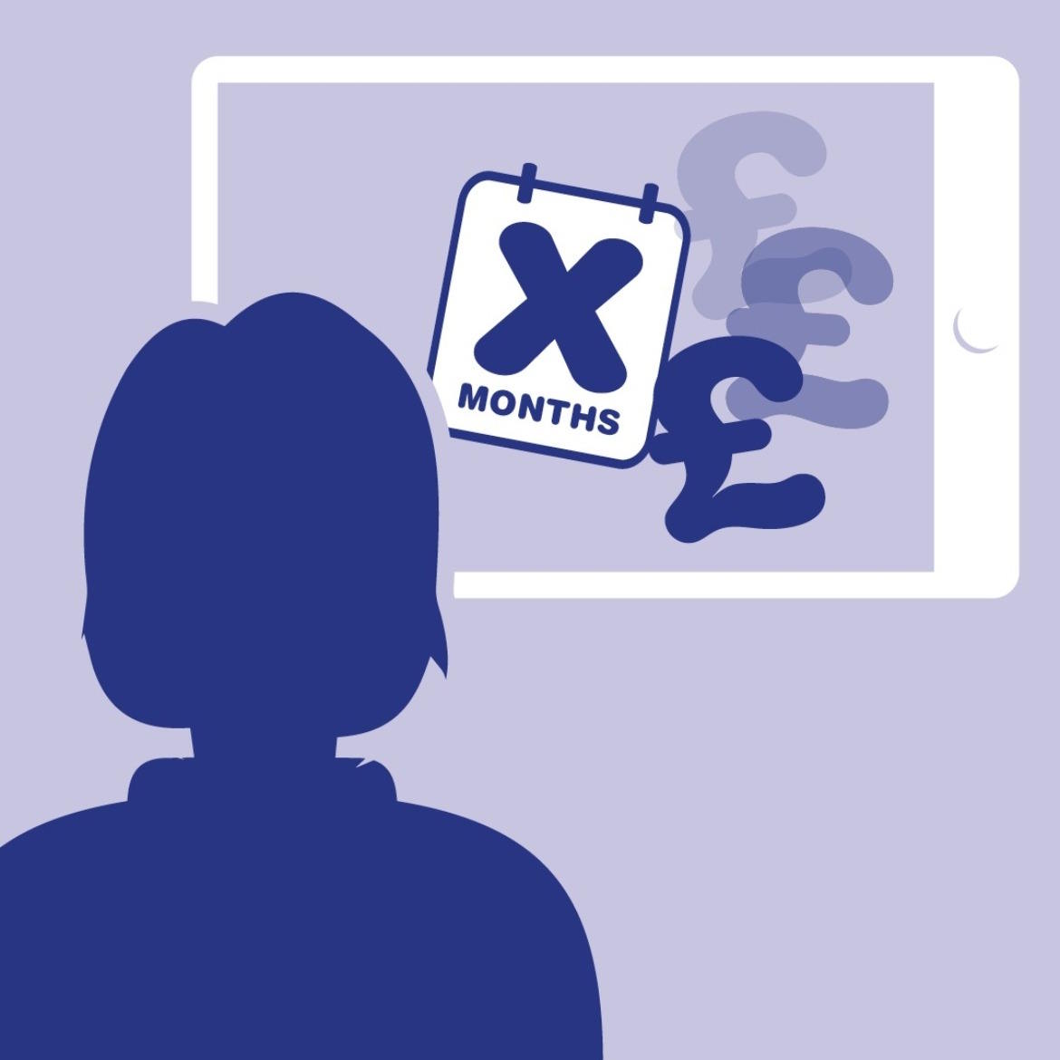 Illustrated graphic showing a person viewing a tablet screen displaying flexible monthly payment options with British pound symbols, representing car finance solutions.