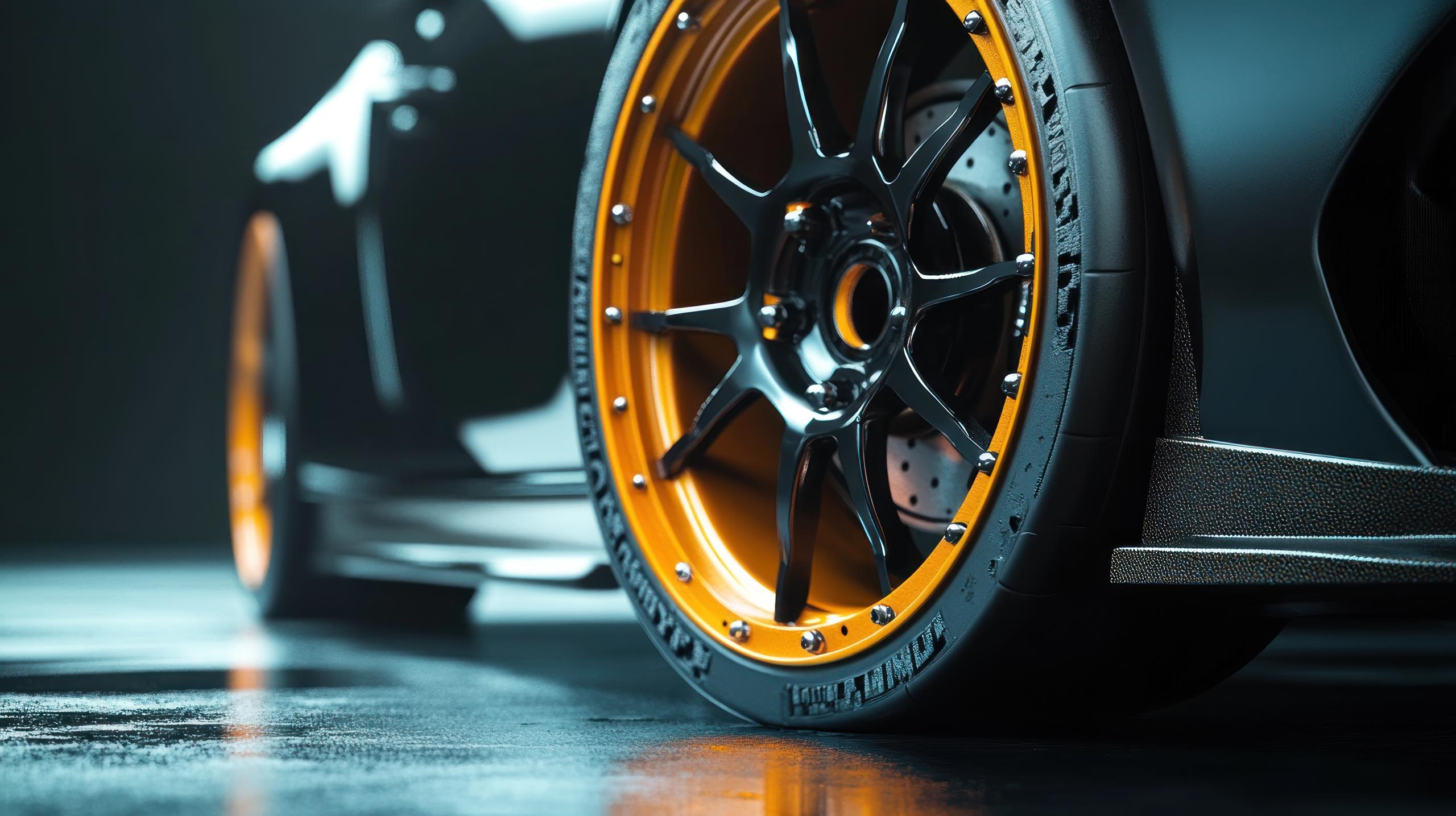 Stock image of alloy wheels featuring orange accents.
