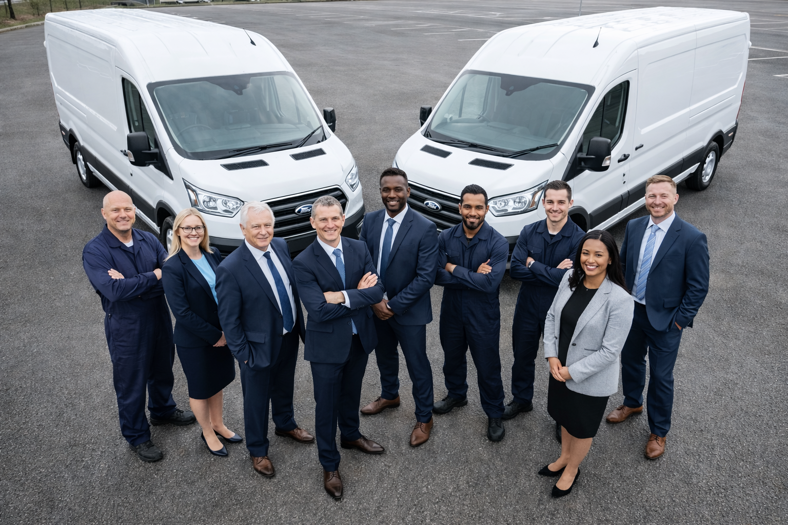 Team of professionals and technicians standing in front of two white vans in a car park.