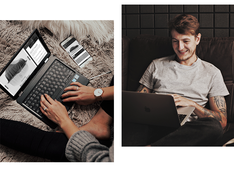 2 images of a person using a laptop browsing a car dealership website.
