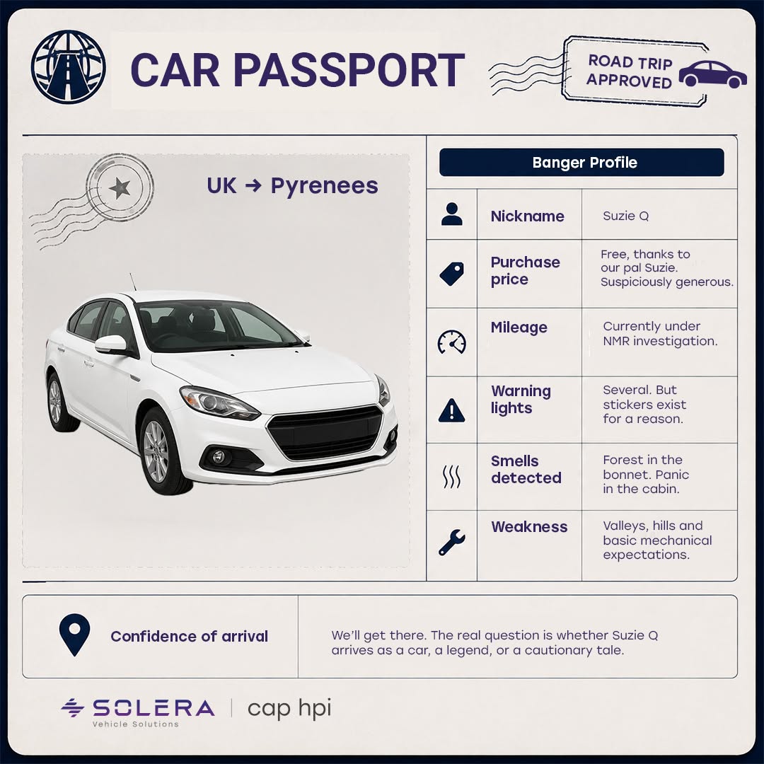Suzie Q Bangers4Ben 2026 rally car passport for the Pyrenees Challenge