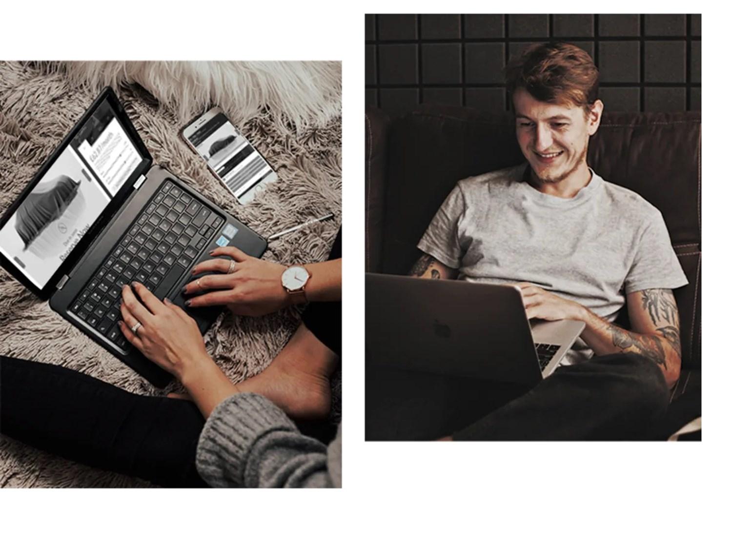one image of female on laptop from above on rug and one image of man sat down on laptop